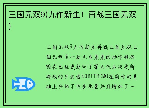 三国无双9(九作新生！再战三国无双)